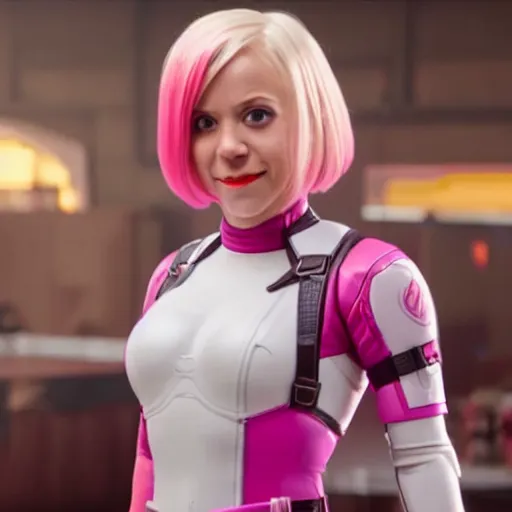 Image similar to A still of Gwenpool in Deadpool 3 (2023), blonde hair with pink highlights, no mask, white and light-pink outfit, smiling and winking at the camera, comics accurate design