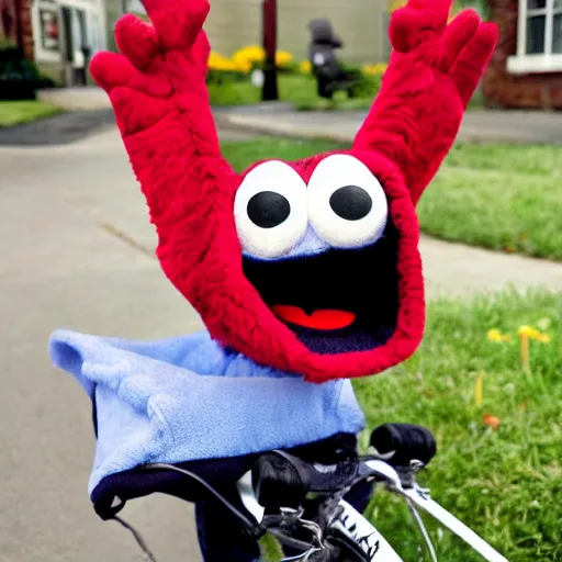 Image similar to elmo in e. t. bike basket wearing hoodie