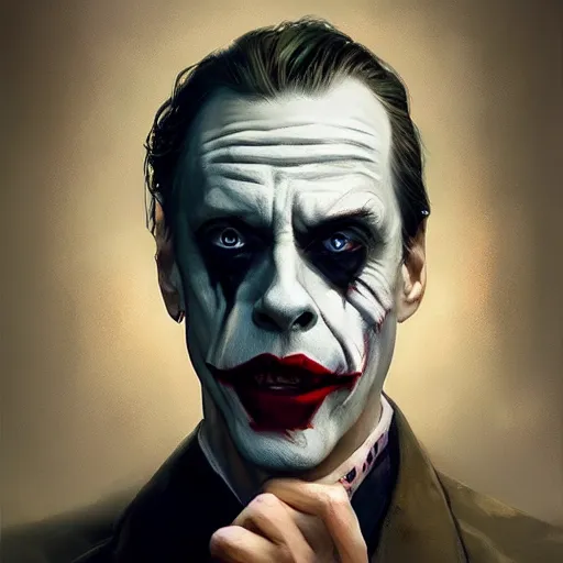 Image similar to portrait of Steve Buscemi as The Joker, art by greg rutkowski, matte painting, trending on artstation