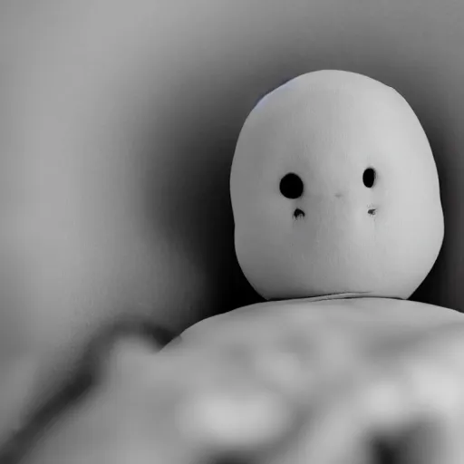 Prompt: sad white cartoon character, bald, round, lying on the bedroom floor, in black and white, high quality