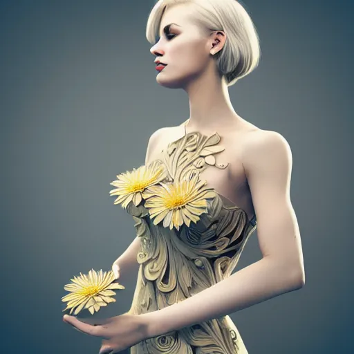 Image similar to beautiful blonde lady in a 3D flower dress , hyperrealistic, ultra detailed, octane render, symmetric, 3d, majestic, dark fantasy, intricate