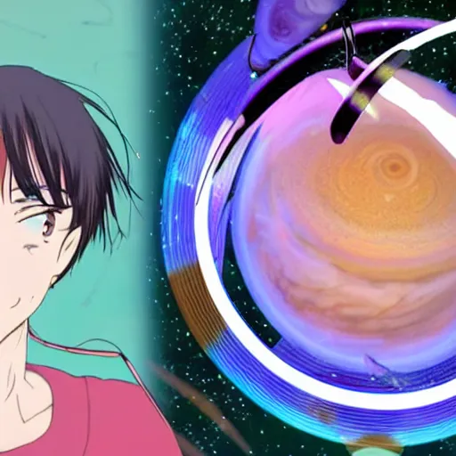 Image similar to anime of jacob collier on space hitting saturn rings with drum sticks