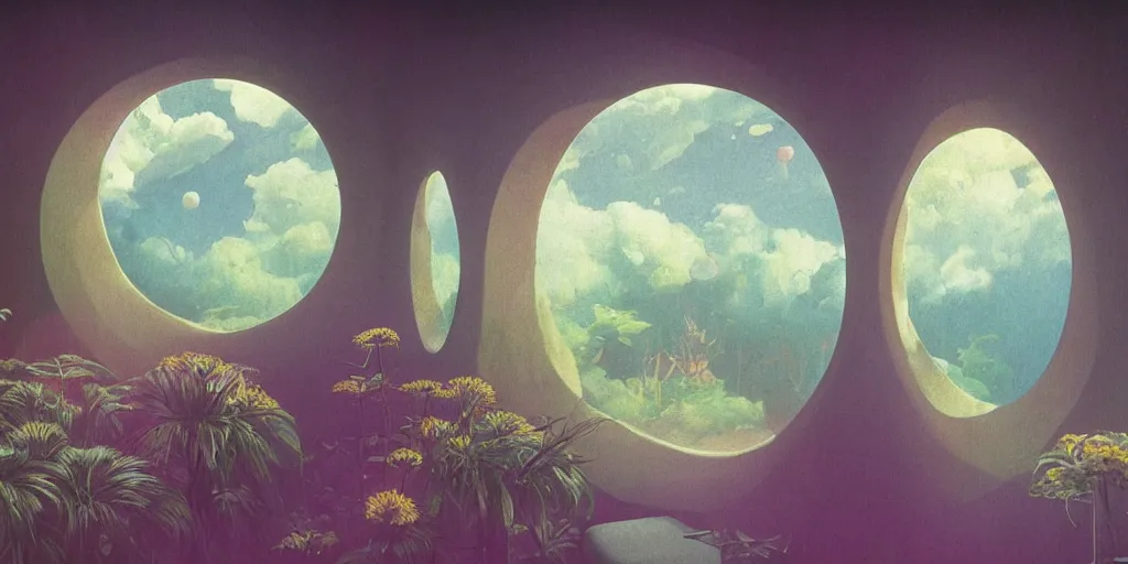 Image similar to 90s interior with circular windows, natural starlight, bright colors, romantic greenery, flowers, cinematic, cyberpunk, smooth, chrome, lofi, nebula, calming, dramatic, fantasy, by Moebius, by zdzisław beksiński, fantasy LUT, studio ghibli, high contrast, epic composition, sci-fi, dreamlike, surreal, angelic, 8k, unreal engine, hyper realistic, fantasy concept art,