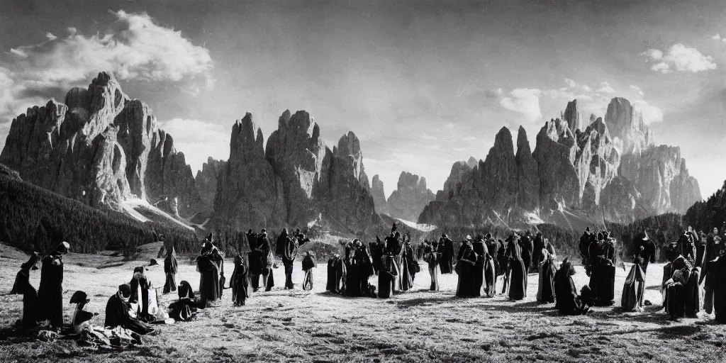 Image similar to 1920s photography of an occult ceremony meeting with dolomites in the background, priests with hay coats and horns, occult signs, wicca, alp, dolomites, alpine, detailed intricate insanely detailed octane render, 8k artistic 1920s photography, photorealistic, black and white, chiaroscuro, hd, by David Cronenberg, Raphael, Caravaggio