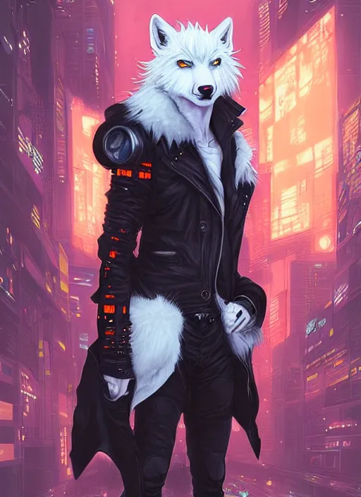 Image similar to award winning beautiful portrait commission of a male furry anthro albino wolf fursona with a tail and a cute beautiful attractive detailed furry face wearing stylish black and orange cyberpunk biker clothes in a cyberpunk city at night while it rains. Character design by charlie bowater, ross tran, artgerm, and makoto shinkai, detailed, inked, western comic book art