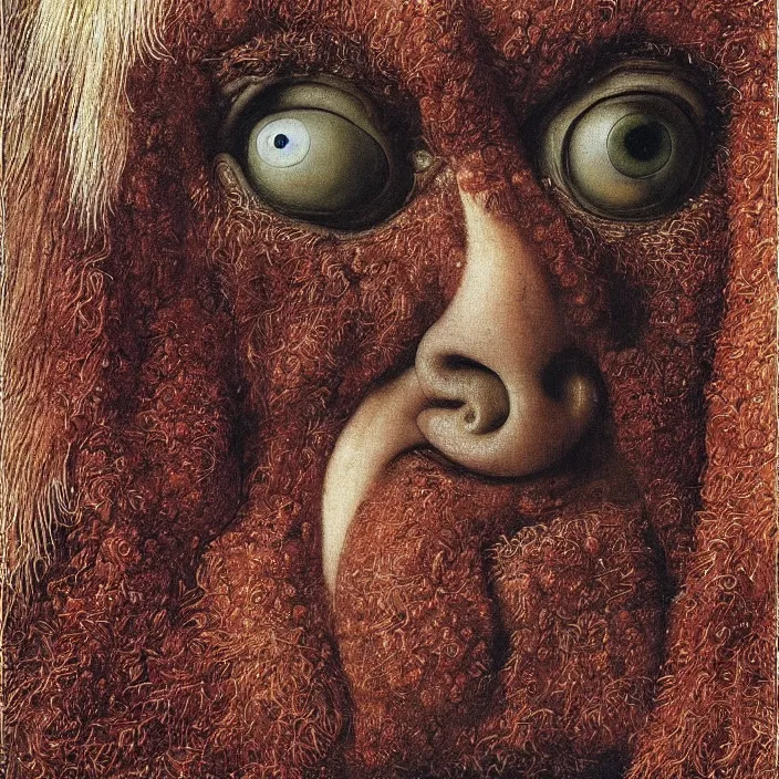 Prompt: close up portrait of a mutant monster creature with crystal eyes, small open pinky lips, fractal long eyelashes, cloth, needles. jan van eyck, audubon