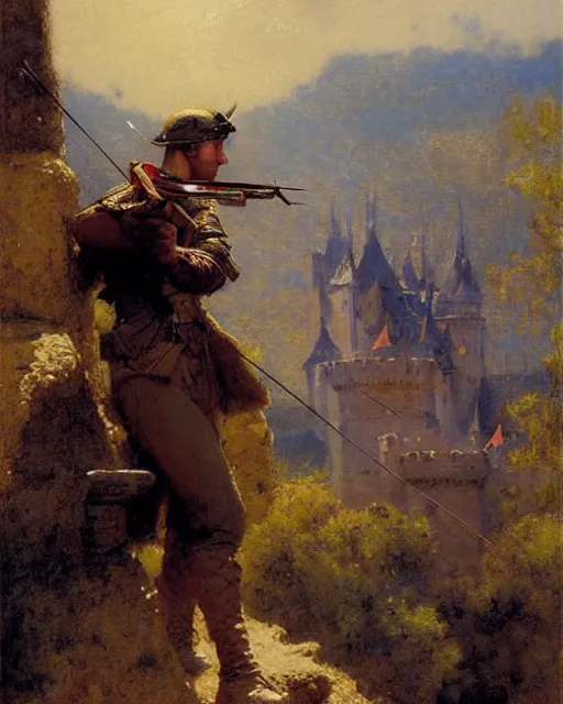 Image similar to attractive crossbowman watches an army approach, he is on a castle wall, painting by gaston bussiere, craig mullins, j. c. leyendecker