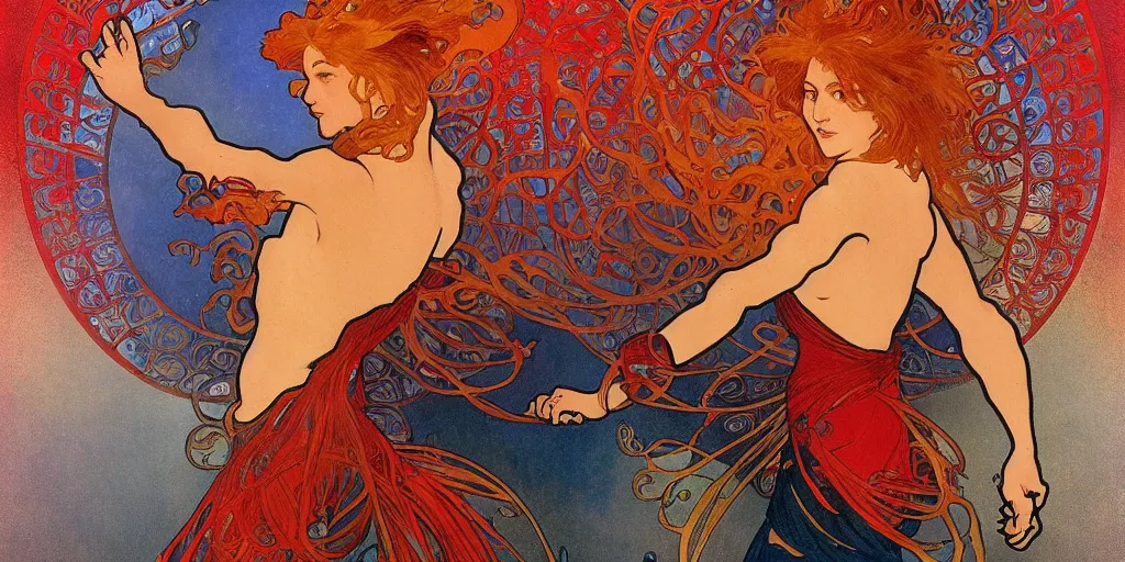 Image similar to sandman with a background with arcs of blue flame intertwined with water, dramatic lighting, red flowers, solar flares, intricate art by alphonse mucha