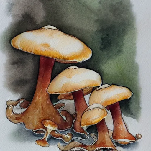 Image similar to water color and pen, high resolution, detailed, trending on artstation, chanterelle mushrooms