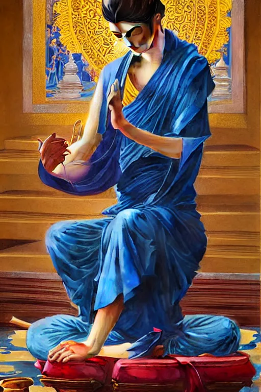 Prompt: buddhism, temple, blue clothes, painting by greg rutkowski, j. c. leyendecker, artgerm