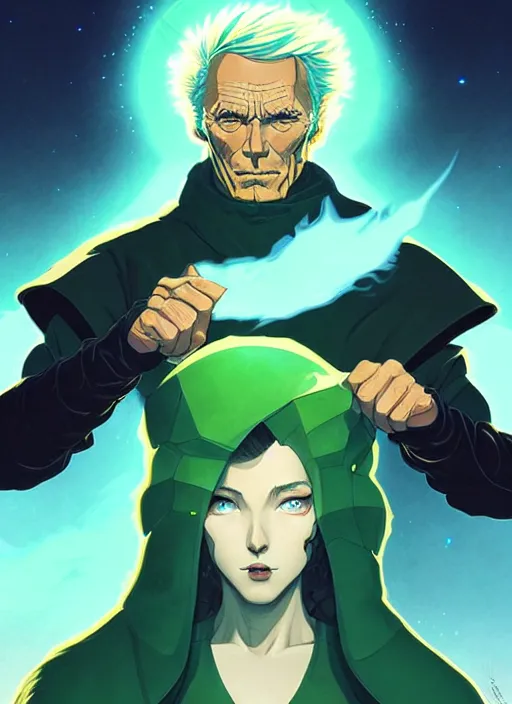 Image similar to style artgerm, joshua middleton, illustration, clint eastwood as a high priest wearing green pelt light armor, anime eyes, blue hair, swirling water cosmos, fantasy, dnd, cinematic lighting