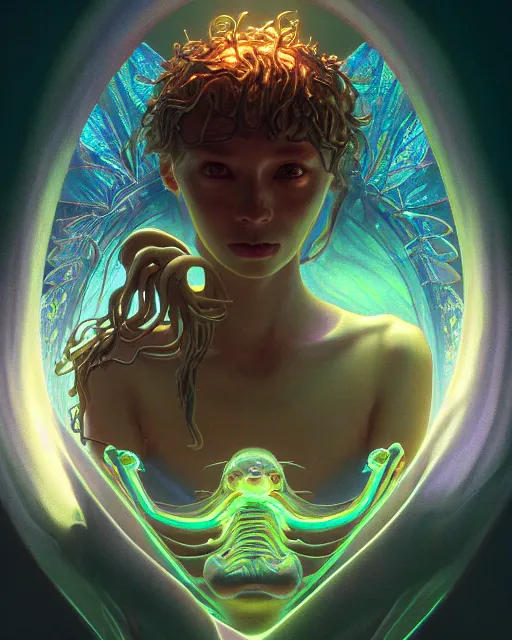 Image similar to portrait of a creepy bioluminescent monster, highly detailed, digital painting, cinematic, hyperrealism, dark retrowave, art by stanley lau and artgerm and magali villeneuve and alphonse mucha and josan gonzalez, artstation hd, octane render, cgsociety