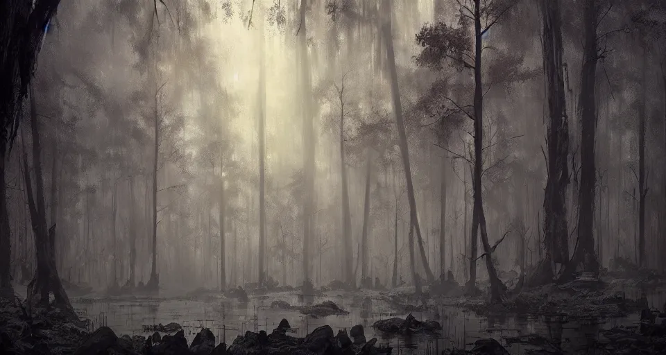 Prompt: A dense and dark enchanted forest with a swamp, by Greg Rutkowski