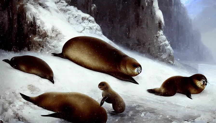 Image similar to highly detailed closeup painting of one big seal looking after lots of cute furry white baby seals inside a snowy fantasy ice crystal cavern by william turner, by greg rutkowski, by william constable, thick brush strokes and visible paint layers, 4 k resolution