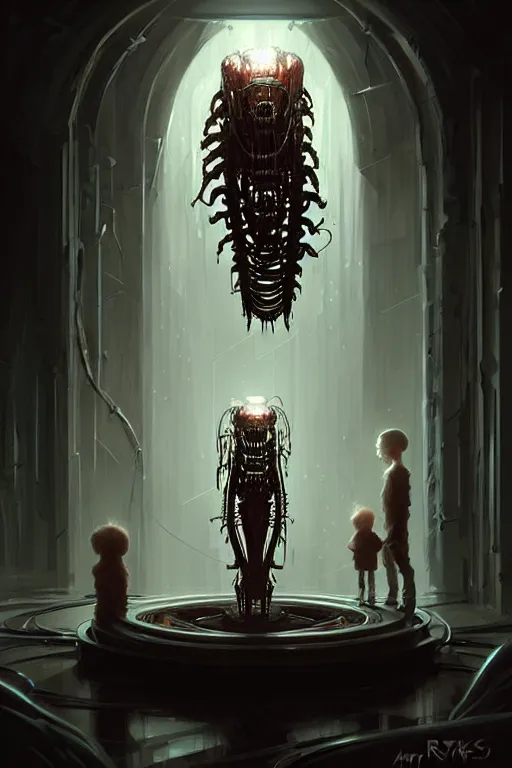 Prompt: professional concept art of a creepy family horrendous mechanical predatory! species in a dark room by artgerm and greg rutkowski. an intricate, elegant, highly detailed digital painting, concept art, smooth, sharp focus, illustration, in the style of cam sykes.