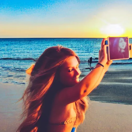 Prompt: A girl with a monkey face and long hair taking a selfie on the beach while there is a sunset