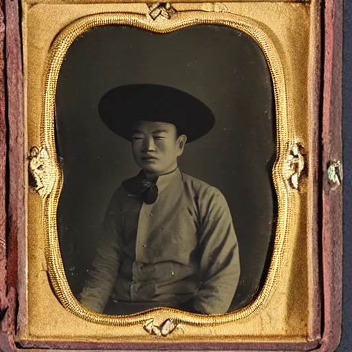 Prompt: Asian man with comically large cowboy hat daguerreotype