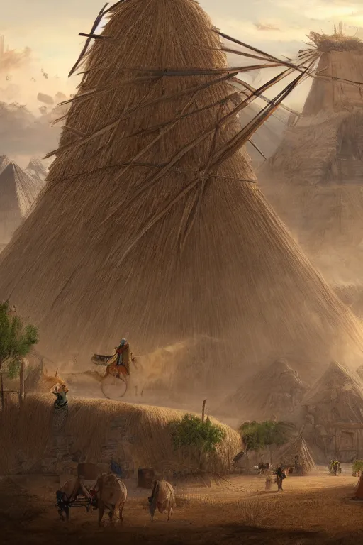 Prompt: ezio audotire falling on top of a cart filled with haystack, background has pyramids and dromedaries walking by, digital art, trending on artstation, 4 k