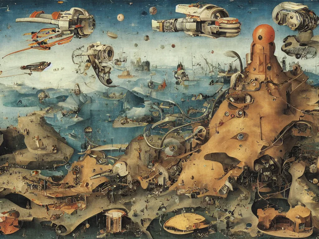Image similar to dream bot mothership above a giant forehead. painting by bosch, walton ford