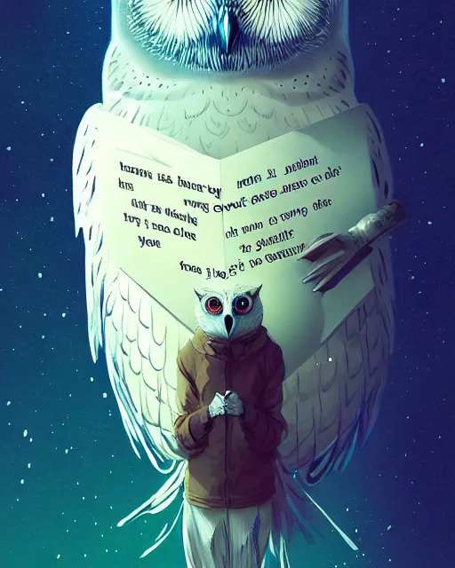 Image similar to beautiful polar owl holding a letter, by artgerm, victo ngai, ryohei hase, artstation, highly detailed digital painting, smooth, global illumination, fantasy art by greg rutkowsky, karl spitzweg, leyendecker