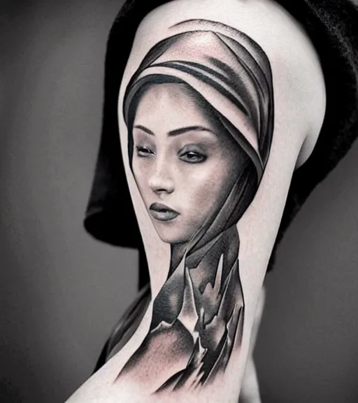 Image similar to a beautiful woman face against a background mighty mountains, tattoo design sketch, amazing blend effect, hyper - realistic, in the style of matteo pasqualin, amazing detail, black and white