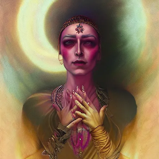 Image similar to old Indian majestic lady, looking upwards with hands clasped, despair, pink and gold, mystic, by Anato Finnstark, Tom Bagshaw, Brom