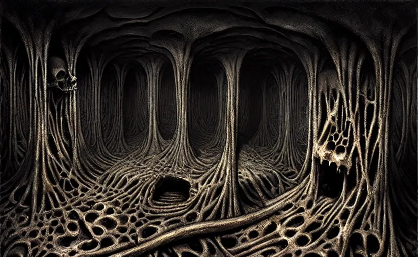 Prompt: grimy dark catacombs of infected skeletal remains by hr giger and zdzisław beksinski, fine details, digital art, volumetric lighting, cinematic light, photorealistic