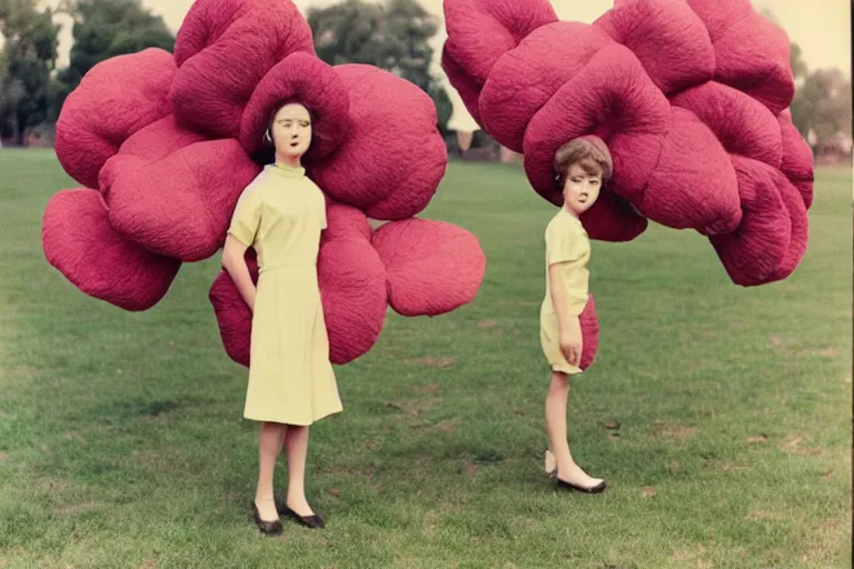 Prompt: giant flower head, girl standing, 1 9 6 0 s, surreal photography, symmetry, mid century, liminal space, bright colours, wes anderson