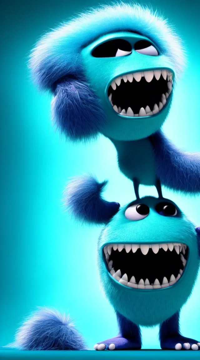 Image similar to a full studio shot of a deadly virus as a pixar character against a dark cyan backdrop. it is sinister yet friendly. hair, fur, fleshy, cute.