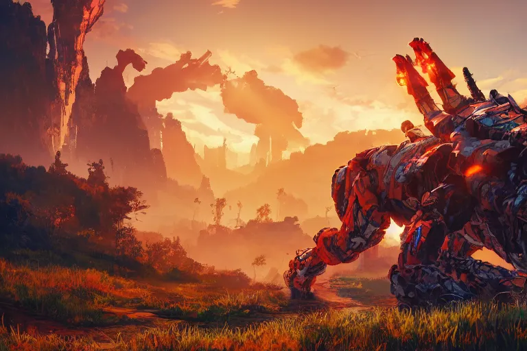 Image similar to fireclaw machine creature robot of horizon forbidden west horizon zero dawn radiating a glowing aura global illumination ray tracing hdr fanart arstation by ian pesty and alena aenami artworks in 4 k