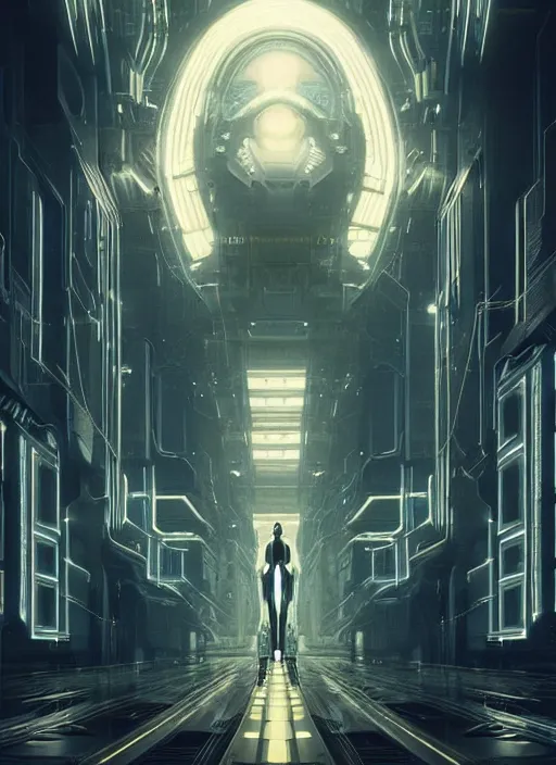 Prompt: symmetry!! film still establishing shot of the technological singularity, sci - fi -, cyberpunk, blade runner, glowing lights, tech, biotech, techwear!! intricate, elegant, highly detailed, digital painting, artstation, concept art, smooth, sharp focus, blur, short focal length, illustration, art by artgerm and greg rutkowski and alphonse mucha