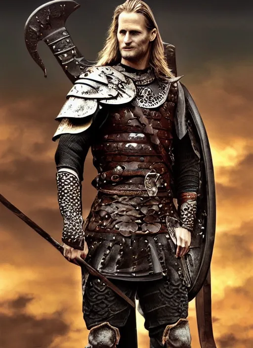 Image similar to aesthetic digital illustration of alexander skarsgard as a kneeling viking warrior, by anne stokes | dirty and bloody, concept art, character concept, matte background. unreal engine, finalrender, centered, deviantart, artgerm