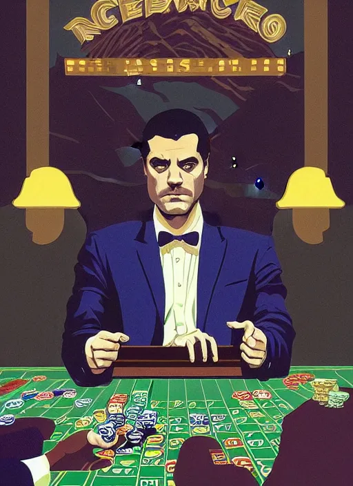 Image similar to Twin Peaks art, of Oscar Isaac in The Card Counter visiting the casino in Twin Peaks poster artwork by Tomer Hanuka, Sam Weber, Laurent Durieux, Katherine Lam from scene from Twin Peaks, from scene from Twin Peaks, clean, New Yorker magazine cover