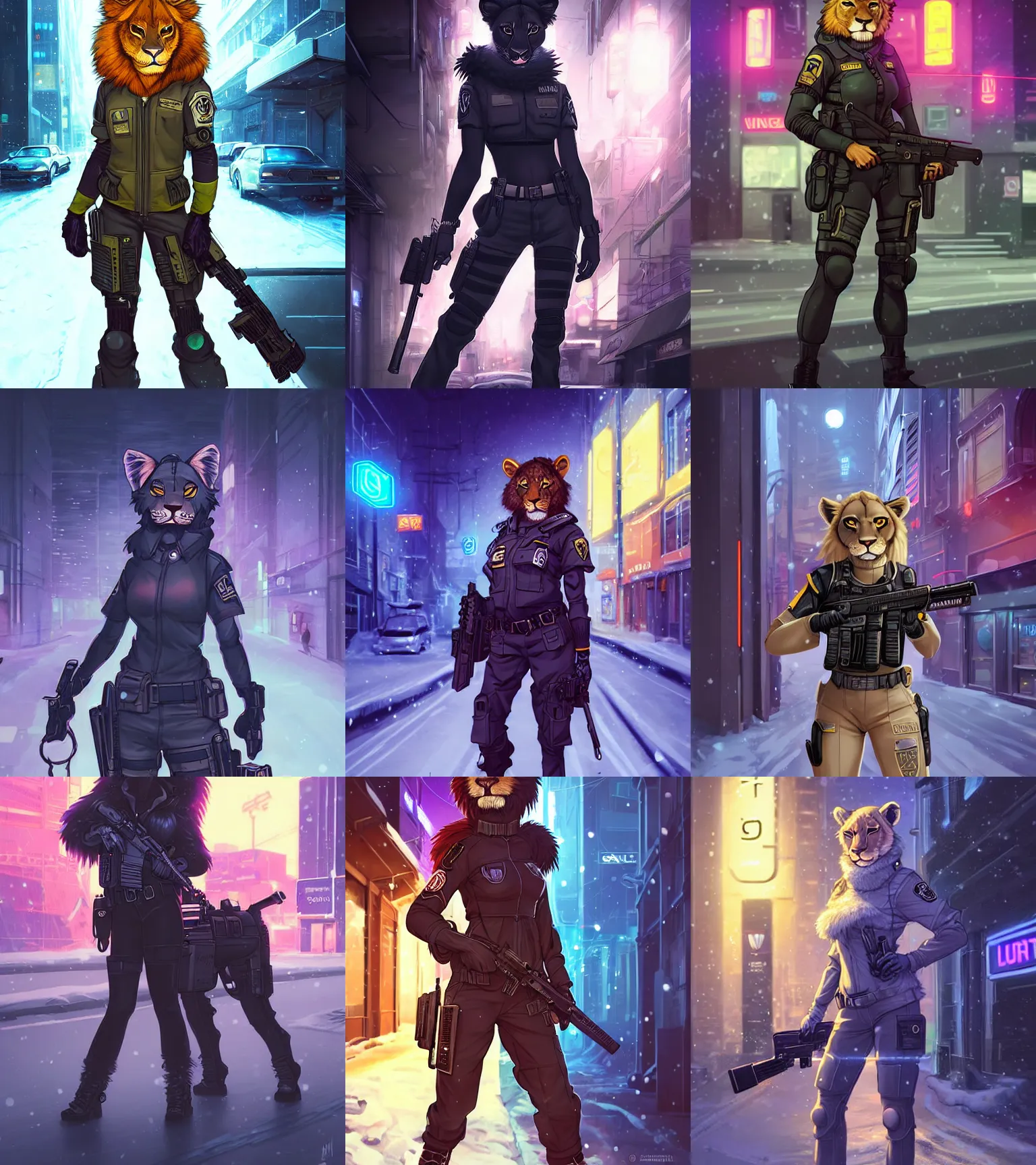 Image similar to beautiful furry art portrait commission of a female furry anthro lioness fursona wearing a tactical swat uniform in the streets of a cyberpunk city at night in the snow. neon light. character design by charlie bowater, ross tran, artgerm, and makoto shinkai, detailed, inked, western comic book art