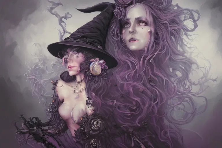 Prompt: an insanely detailed close up portrait of a beautiful witch, long purple hair, black ornate dress and black witch hat, in the style of peter mohrbacher, artgerm, dramatic lighting and composition, alchemy lab background, octane render, trending on artstation, concept art 8 k