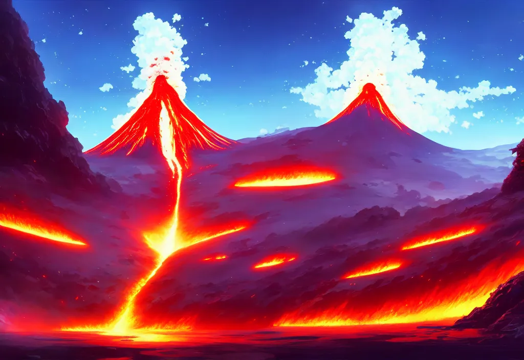 Image similar to erupting volcano on a alien planet, anime, official fanart behance hd artstation by jesper ejsing and makoto shinkai, 4 k,