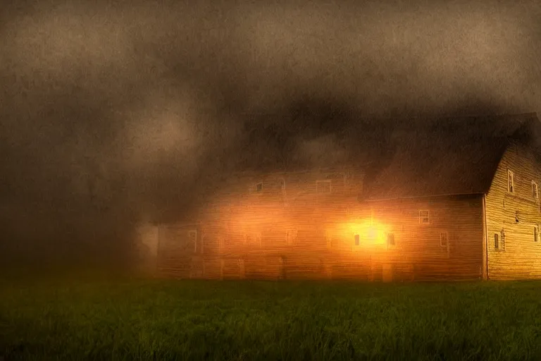 Prompt: a realistic photograph of a barn at night with ghosts, dark, moody, fog, volumetric lighting, cinematic
