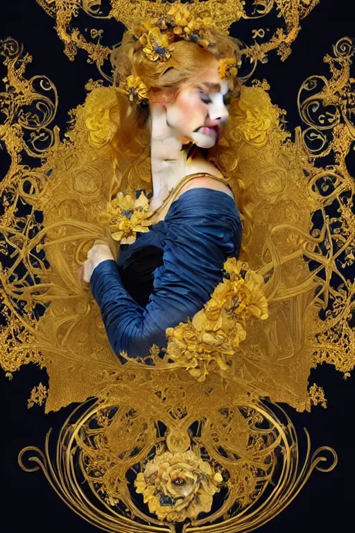 Image similar to beautiful black blue yellow, complicated gold and blue flowers the baroque style decoration, dark fantasy, intricate, elegant, highly detailed, digital painting, artstation, concept art, matte, 3 d 8 k octane rendered, sharp focus, illustration, octane rendered, art by artgerm and alphonse mucha, leesha hannigan