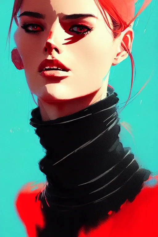 Image similar to a ultradetailed portrait painting of a stylish woman in a black turtleneck by conrad roset, greg rutkowski and makoto shinkai trending on artstation