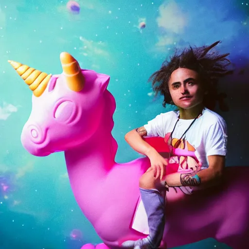 Image similar to lil pump riding a pink unicorn in space, cinestill 8 0 0 t, award winning photograph