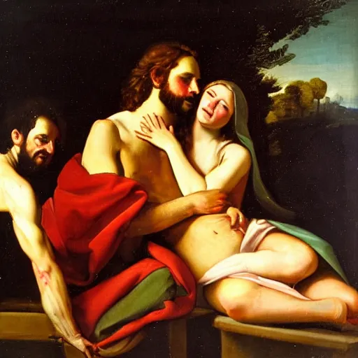 Prompt: 1 8 th oil panting of a jesus making love with maria maddalena