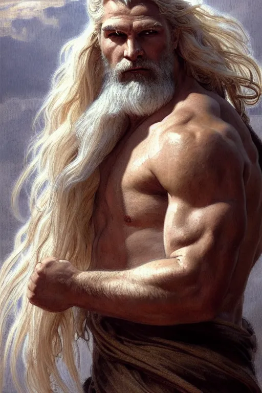 Image similar to painted portrait of rugged zeus, god of thunder, greek god, white hair, masculine, powerful, handsome, opulent, upper body, white robe, muscular, hairy torso, fantasy, intricate, elegant, highly detailed, digital painting, artstation, concept art, smooth, sharp focus, illustration, art by gaston bussiere and alphonse mucha