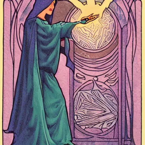 Image similar to a cloaked mage casting a magic spell from her hand toward an ice castle, art nouveau