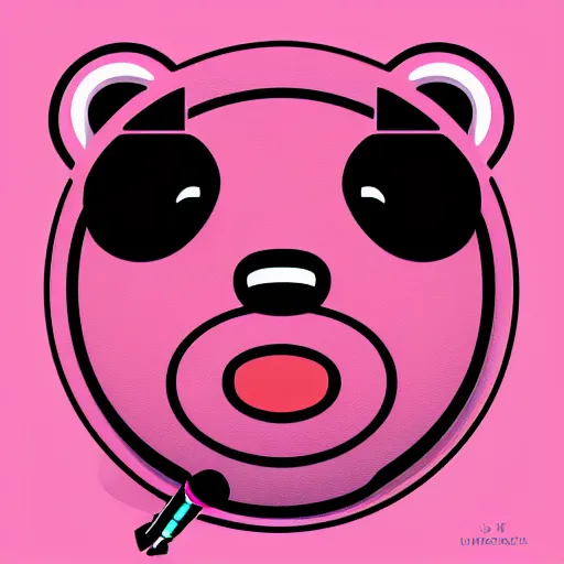 Image similar to iconic vector logo of cute cuddly pink bear with a podcast microphone, melodic, headphones, music, streaming, dreamy, isometric, adorable, octane render, golden ratio, 4k UHD, iconic design