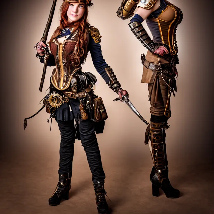 Prompt: professional full length photograph of a beautiful! female steampunk warrior. Extremely detailed. 8k