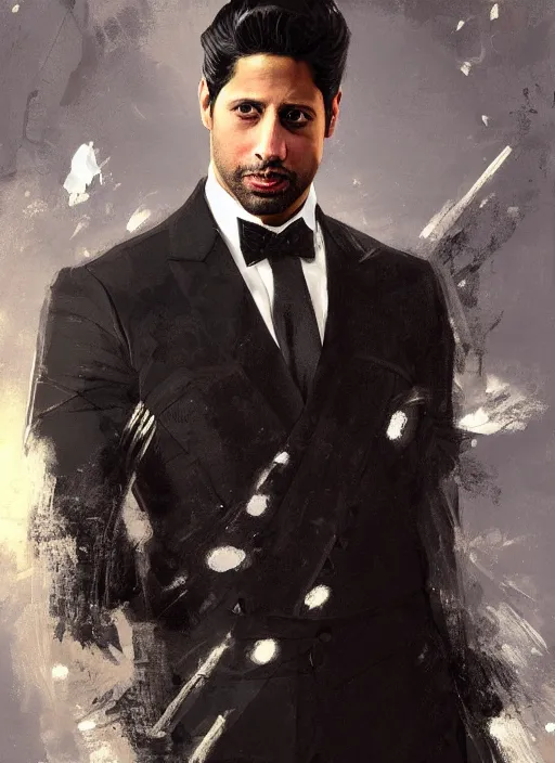 Image similar to a professional painting of Adam Rodriguez as a handsome young prince, wearing an high fashion paper tuxedo, intricate, elegant, digital painting, concept art, smooth, sharp focus, illustration, from Metal Gear, by Ruan Jia and Mandy Jurgens and Artgerm and William-Adolphe Bouguereau