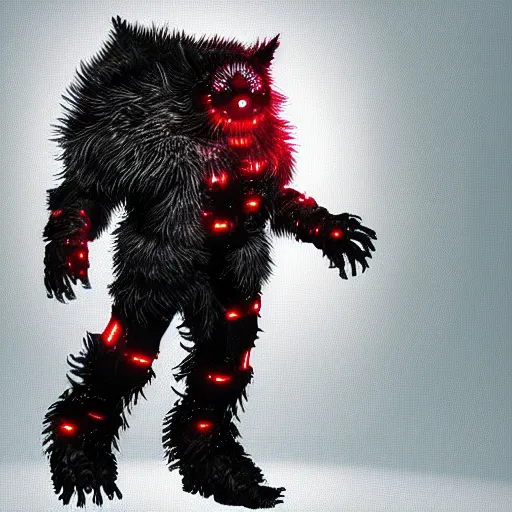 Prompt: a cybertronic werewolf, with lots of fur leds, 8 k, sharp, digital art