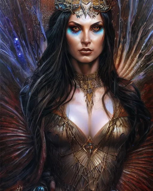 Image similar to a highly detailed airbrush painting of an evil female fantasy sorceress with piercing beautiful eyes art by karol bak and donato giancola and mark brooks, centered, full size, hires, 4 k, high resolution, sharp focus