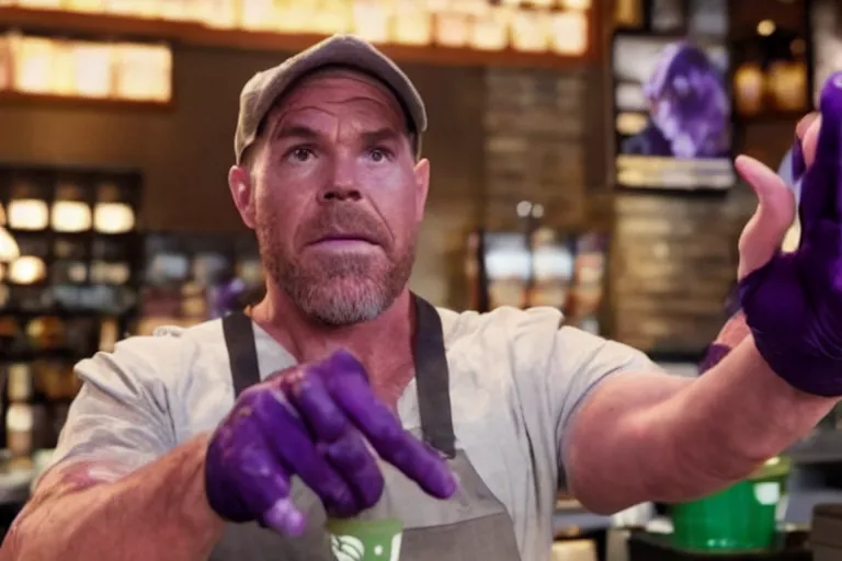 Image similar to a film still of thanos working as a starbucks barista in an upcoming movie, 4 k