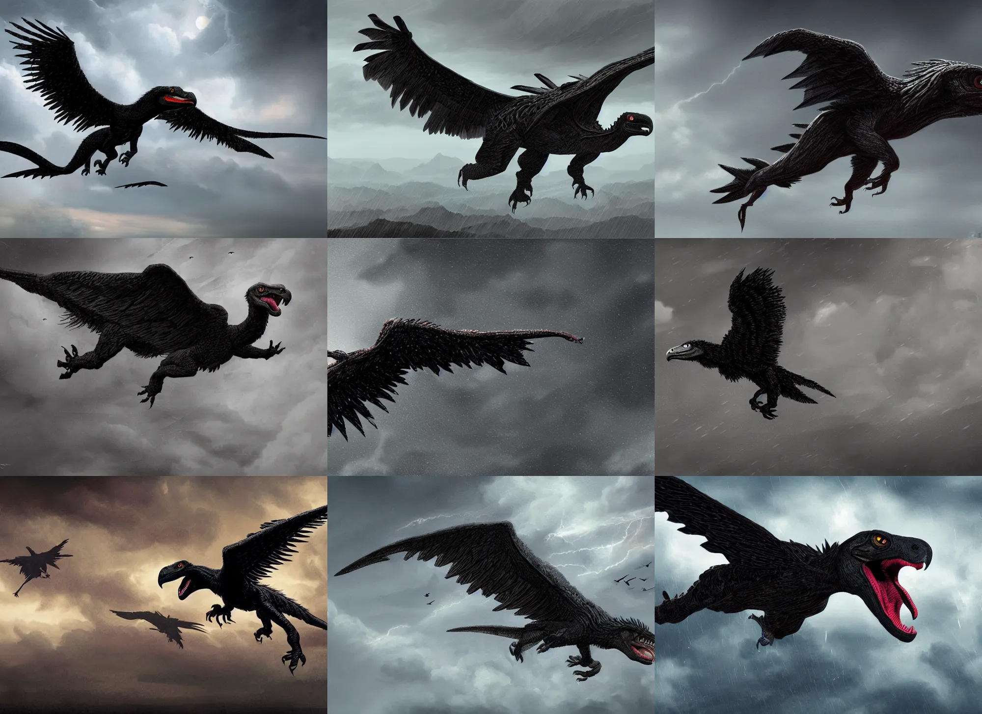 Prompt: giant black velociraptor-vulture flying in storm, intricate, highly detailed, artstation, sharp focus, illustration, jurgens, rutkowski, simonetti